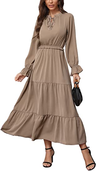 MAXI DRESS SOLID COLOR TIE NECK CASUAL HIGH WAIST