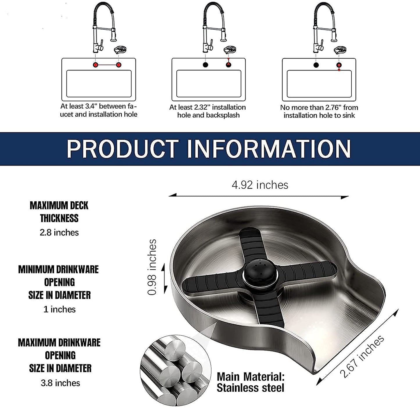 Stainless Steel Glass Rinser for Kitchen Sinks