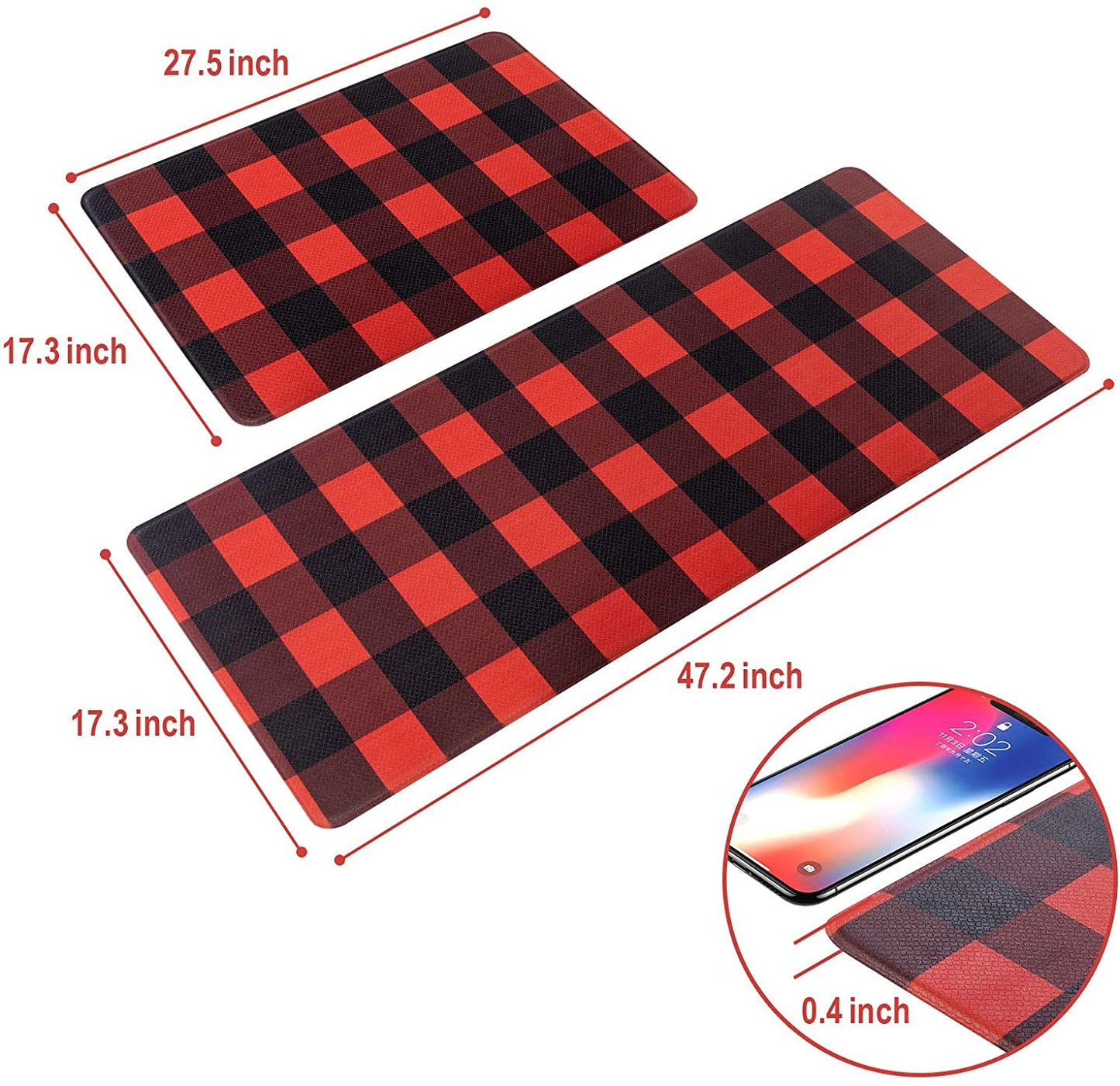 Buffalo Plaid Kitchen Mat 2 PCS Cushioned Anti-Fatigue Kitchen Rug Waterproof Non-Slip