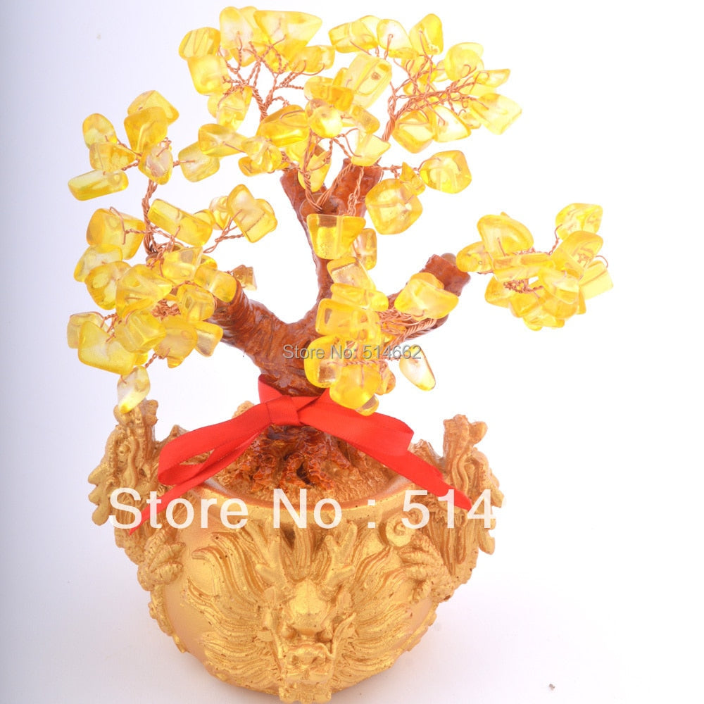 New Feng Shui Citrine/ Yellow Crytal Gem Money Tree with Chinese Dragon Pots