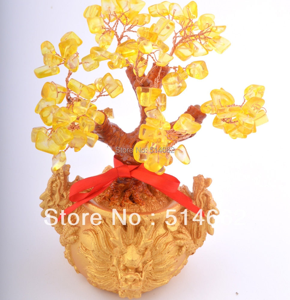 New Feng Shui Citrine/ Yellow Crytal Gem Money Tree with Chinese Dragon Pots