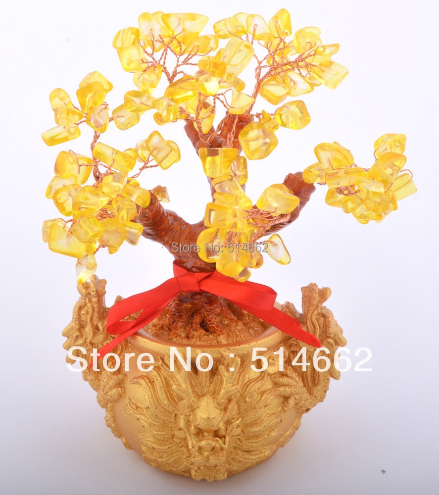 New Feng Shui Citrine/ Yellow Crytal Gem Money Tree with Chinese Dragon Pots