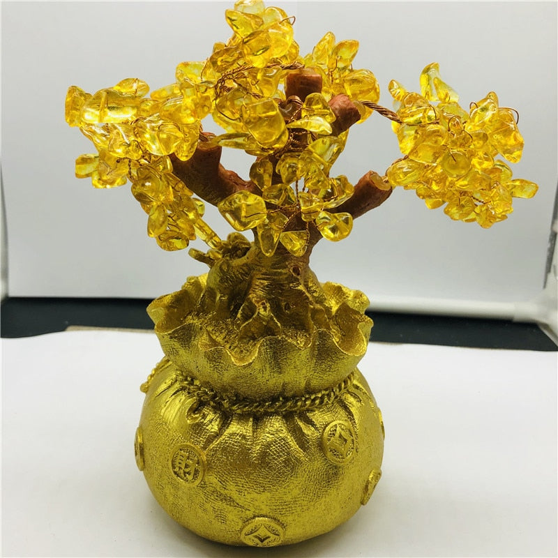 Natural Yellow Citrine Quartz Crystal Money Bag Tree Wealth Display