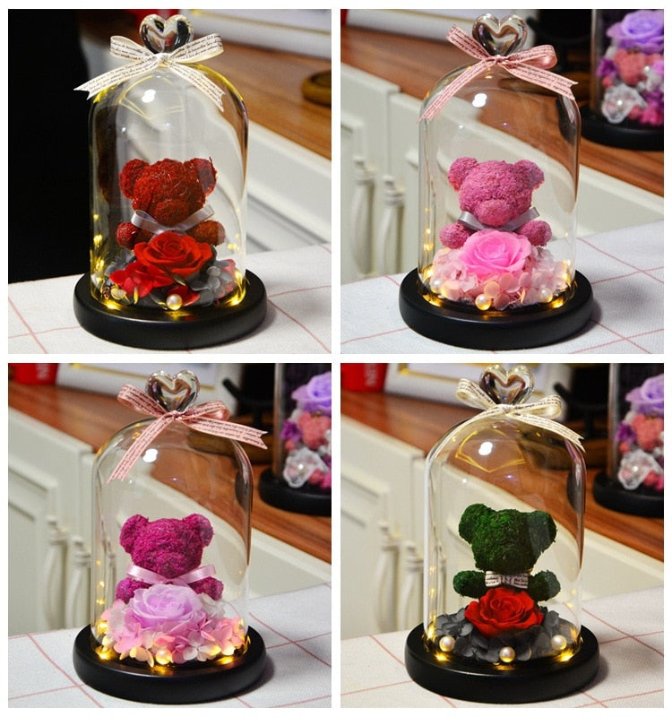 Eternal Preserved Rose Teddy Bear In Heart Glass Dome