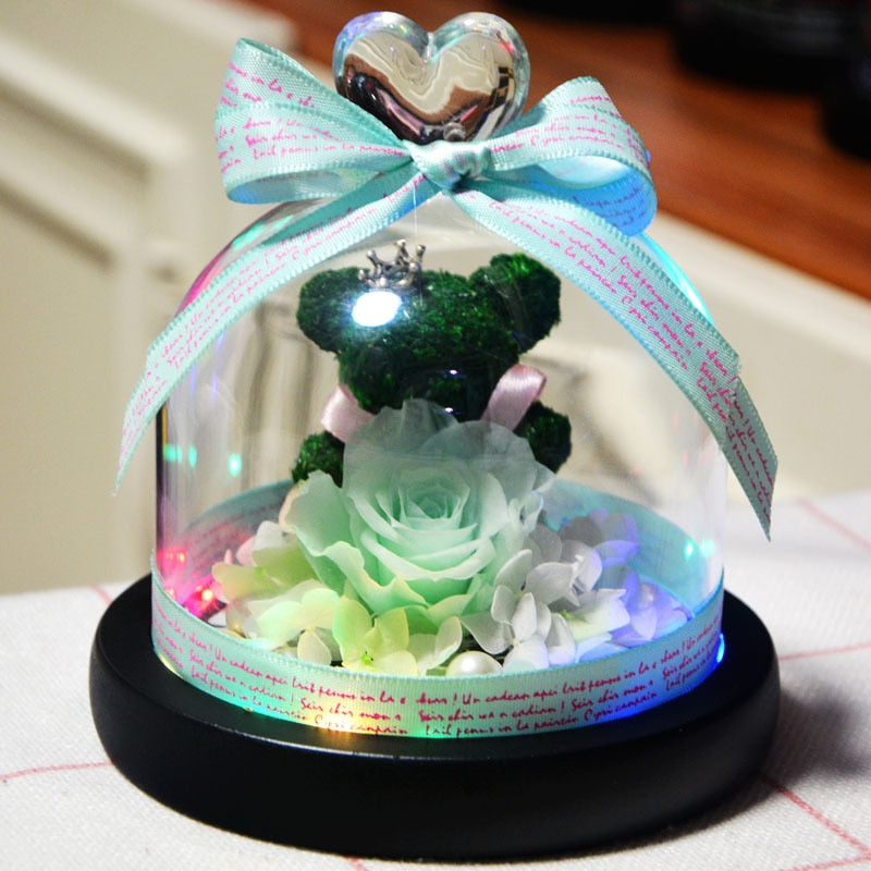 Eternal Preserved Rose Teddy Bear In Heart Glass Dome