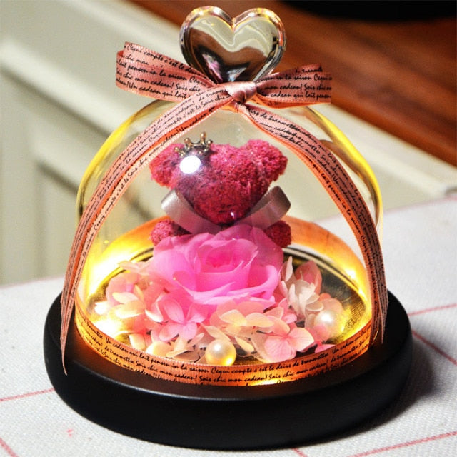 Eternal Preserved Rose Teddy Bear In Heart Glass Dome