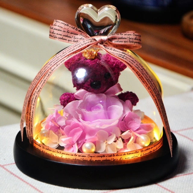 Eternal Preserved Rose Teddy Bear In Heart Glass Dome