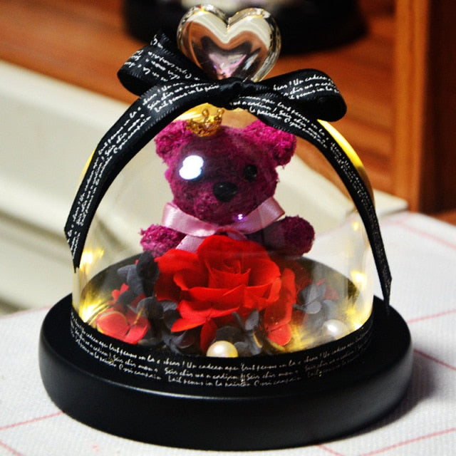 Eternal Preserved Rose Teddy Bear In Heart Glass Dome