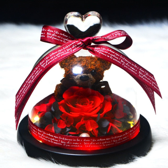 Eternal Preserved Rose Teddy Bear In Heart Glass Dome