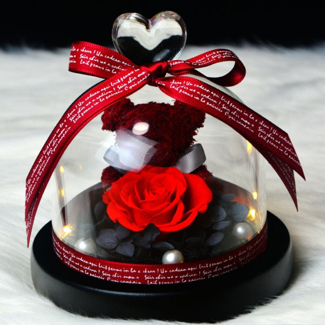 Eternal Preserved Rose Teddy Bear In Heart Glass Dome