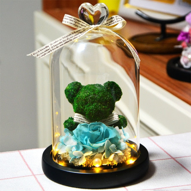 Eternal Preserved Rose Teddy Bear In Heart Glass Dome