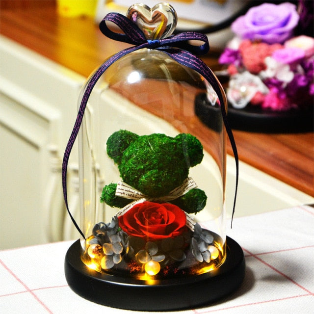 Eternal Preserved Rose Teddy Bear In Heart Glass Dome