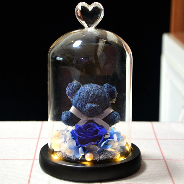 Eternal Preserved Rose Teddy Bear In Heart Glass Dome