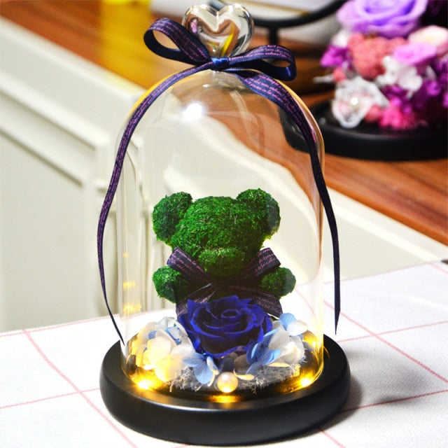 Eternal Preserved Rose Teddy Bear In Heart Glass Dome