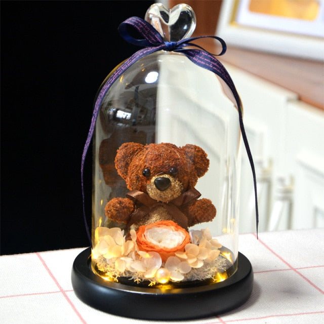 Eternal Preserved Rose Teddy Bear In Heart Glass Dome