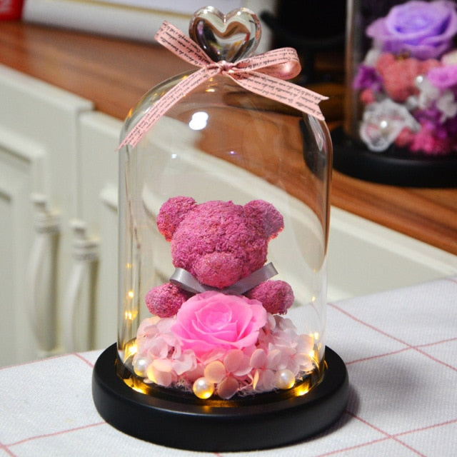 Eternal Preserved Rose Teddy Bear In Heart Glass Dome