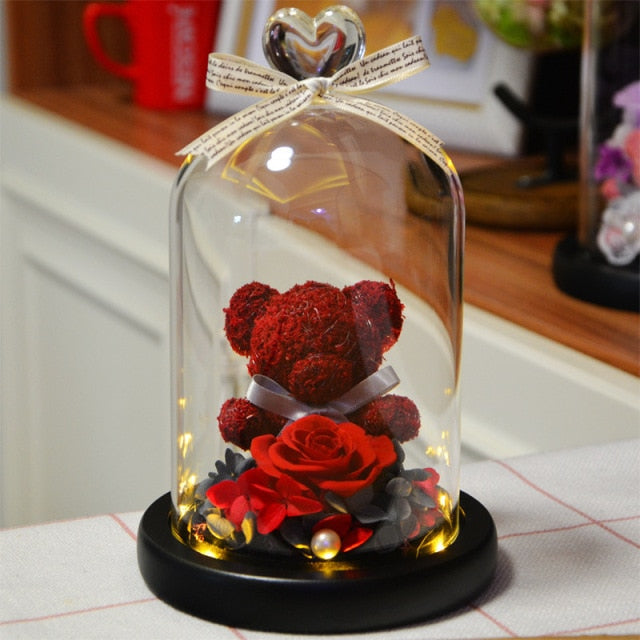 Eternal Preserved Rose Teddy Bear In Heart Glass Dome