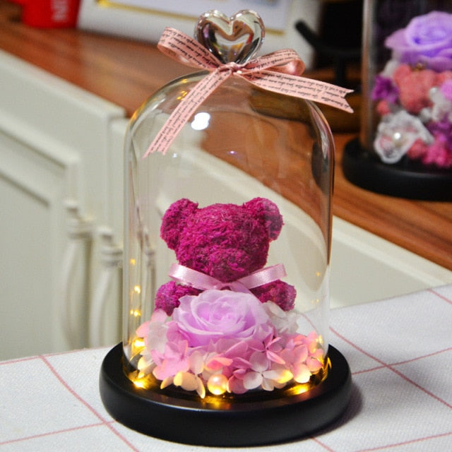 Eternal Preserved Rose Teddy Bear In Heart Glass Dome