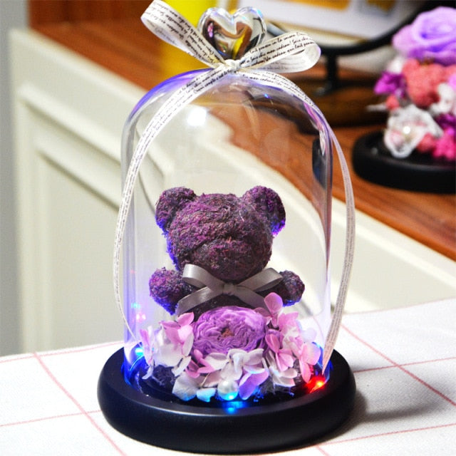 Eternal Preserved Rose Teddy Bear In Heart Glass Dome