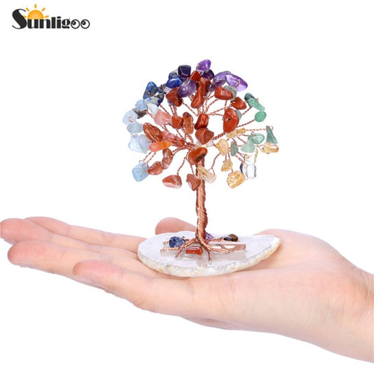 Mini Crystals Money Tree Copper Wire Wrapped W/ Agate Slice Base Chakra Gemstone Feng Shui Trees