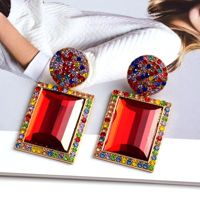 New Arrival Colorful Crystal Geometric Metal Earrings Jewelry Gift For Women High-Quality Clear Pure Stone Earring Accessories