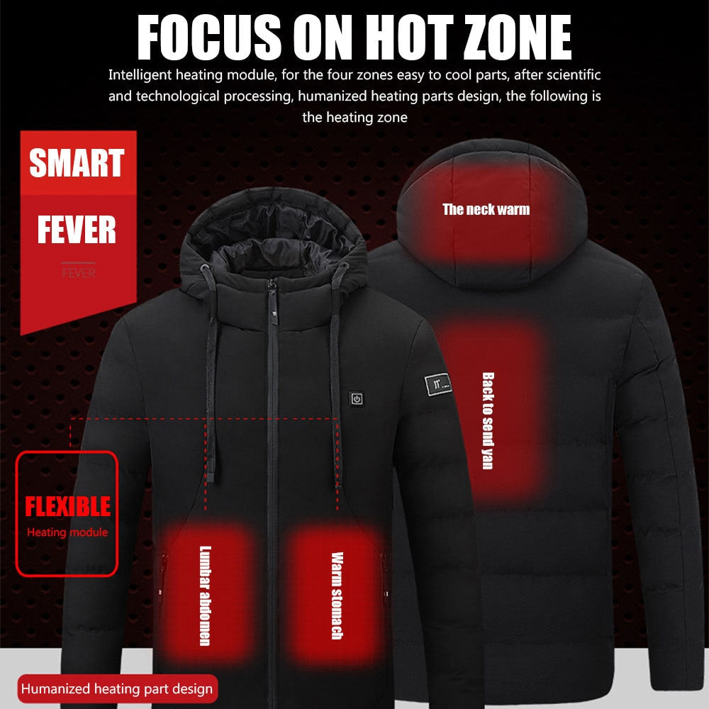 4 Areas Men's Heating Jacket USB Electric Heating Cotton Clothing Thermal Hooded Coat