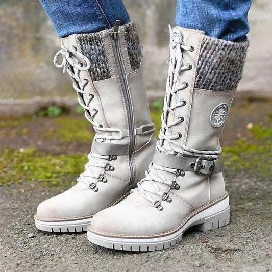 Women Buckle Lace Knitted Mid-calf Boots