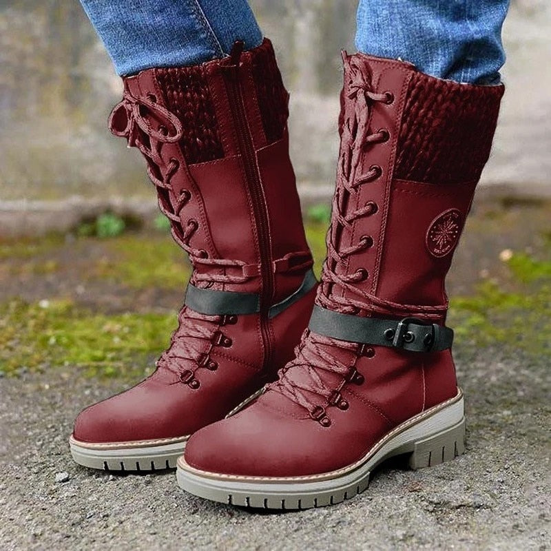 Women Buckle Lace Knitted Mid-calf Boots