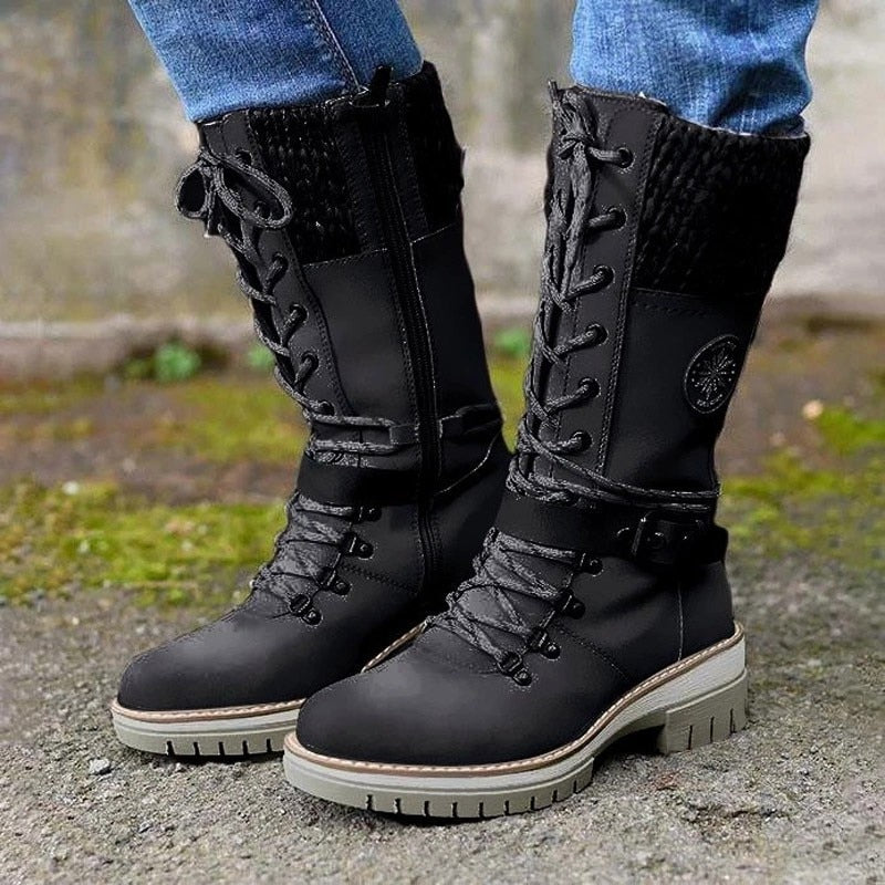 Women Buckle Lace Knitted Mid-calf Boots