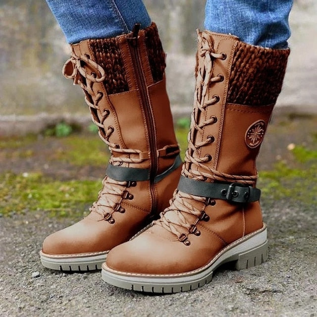 Women Buckle Lace Knitted Mid-calf Boots