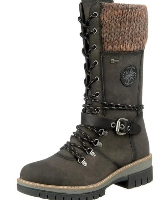 Women Buckle Lace Knitted Mid-calf Boots