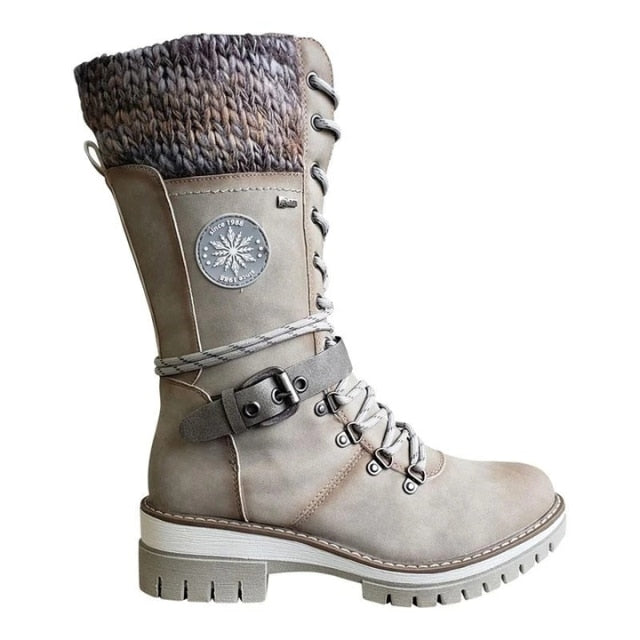 Women Buckle Lace Knitted Mid-calf Boots