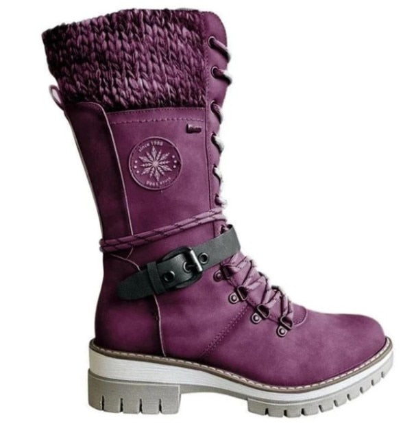 Women Buckle Lace Knitted Mid-calf Boots