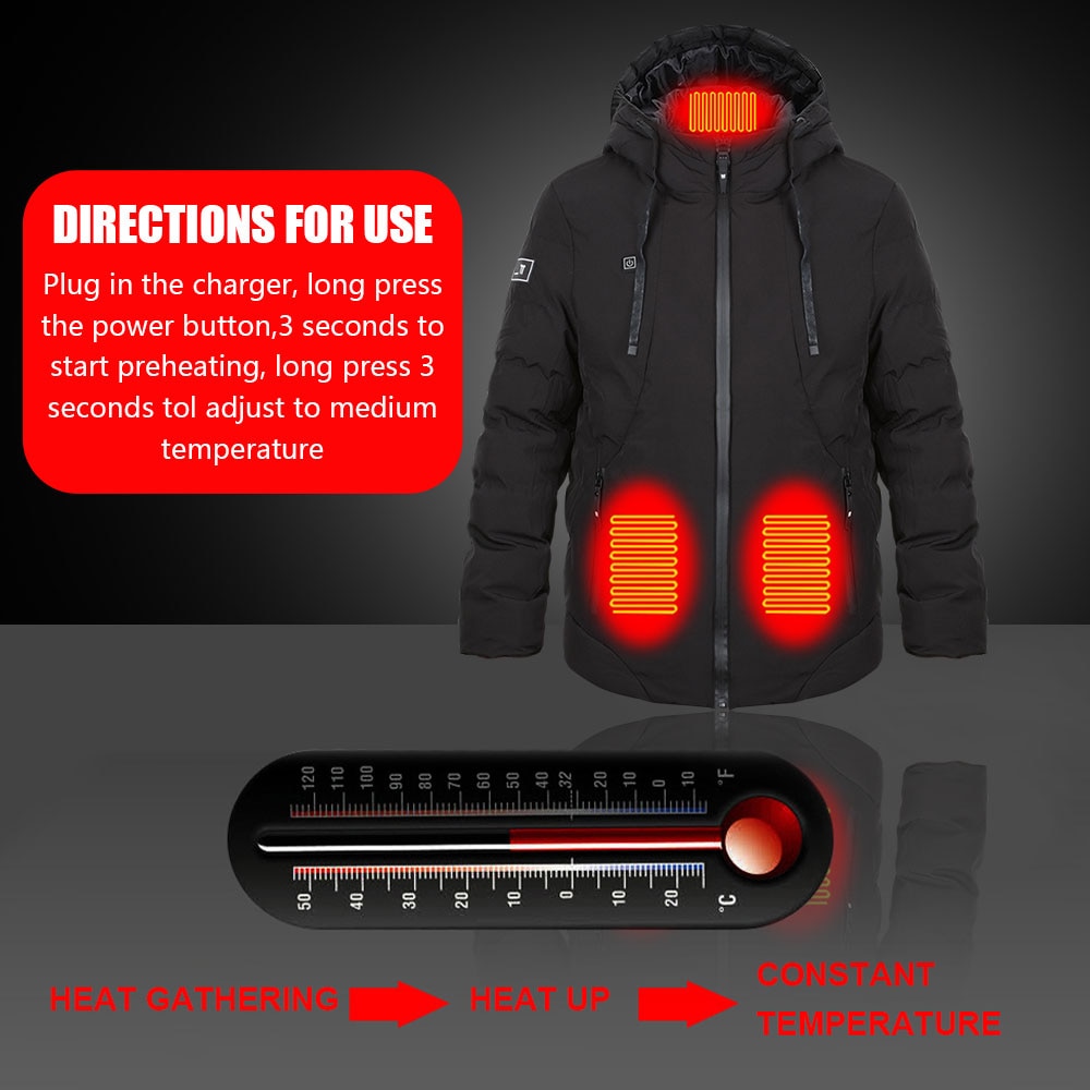 4 Areas Men's Heating Jacket USB Electric Heating Cotton Clothing Thermal Hooded Coat