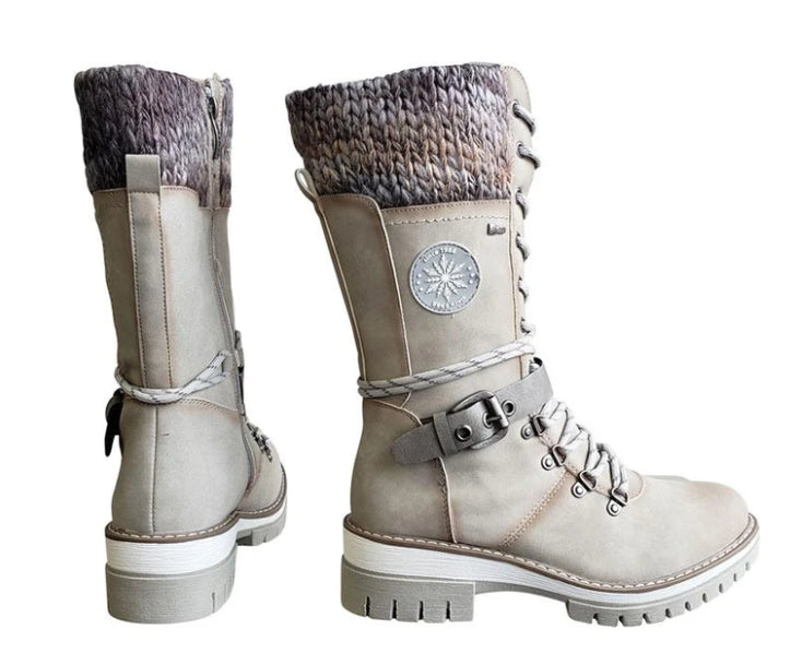 Women Buckle Lace Knitted Mid-calf Boots