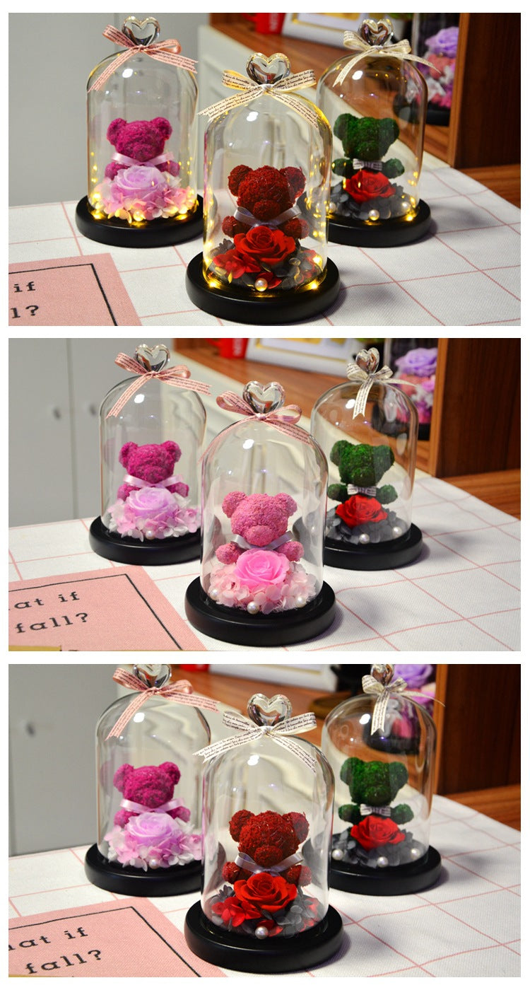 Eternal Preserved Rose Teddy Bear In Heart Glass Dome