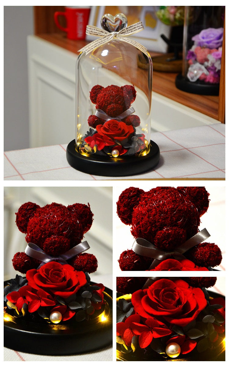 Eternal Preserved Rose Teddy Bear In Heart Glass Dome