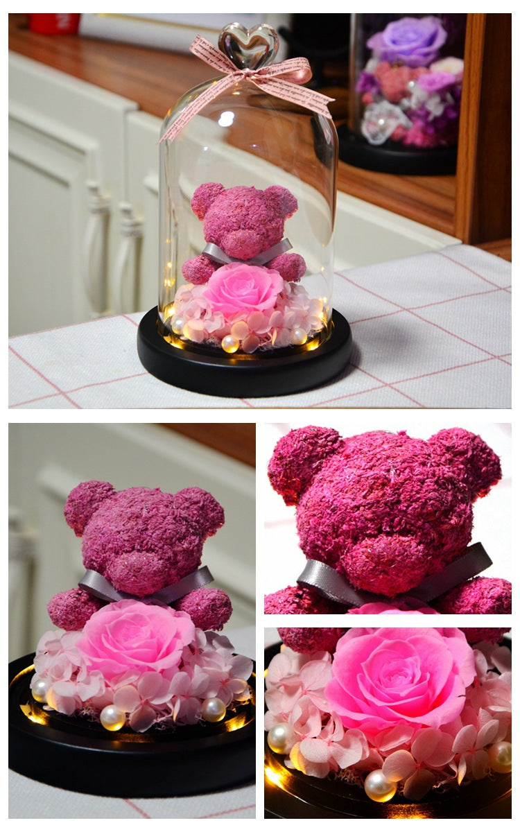 Eternal Preserved Rose Teddy Bear In Heart Glass Dome