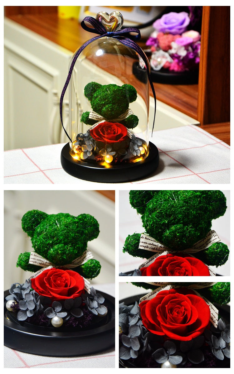 Eternal Preserved Rose Teddy Bear In Heart Glass Dome