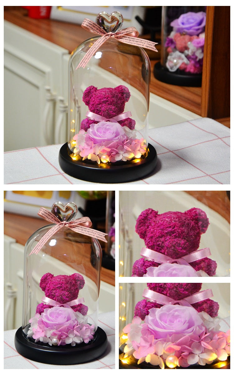 Eternal Preserved Rose Teddy Bear In Heart Glass Dome