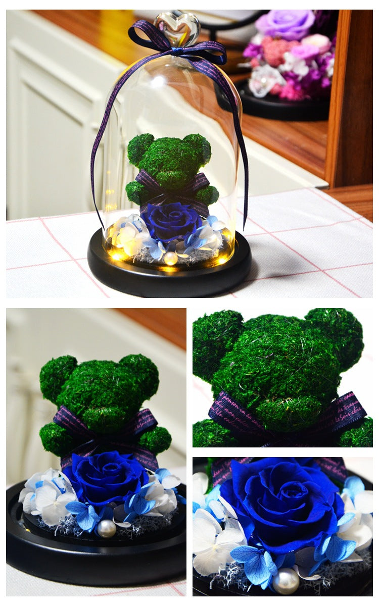 Eternal Preserved Rose Teddy Bear In Heart Glass Dome