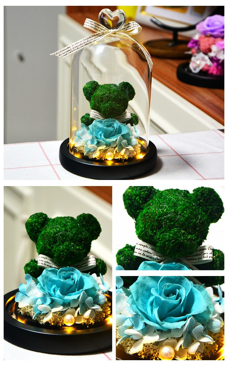 Eternal Preserved Rose Teddy Bear In Heart Glass Dome