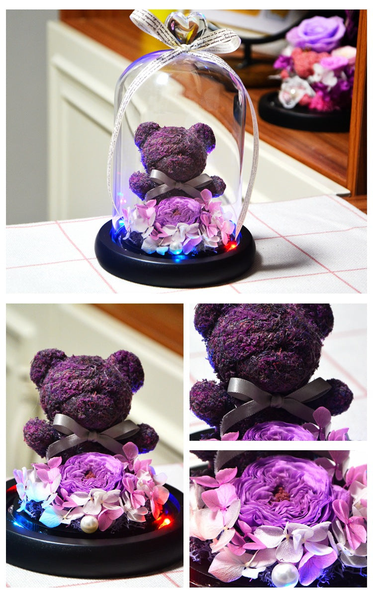 Eternal Preserved Rose Teddy Bear In Heart Glass Dome