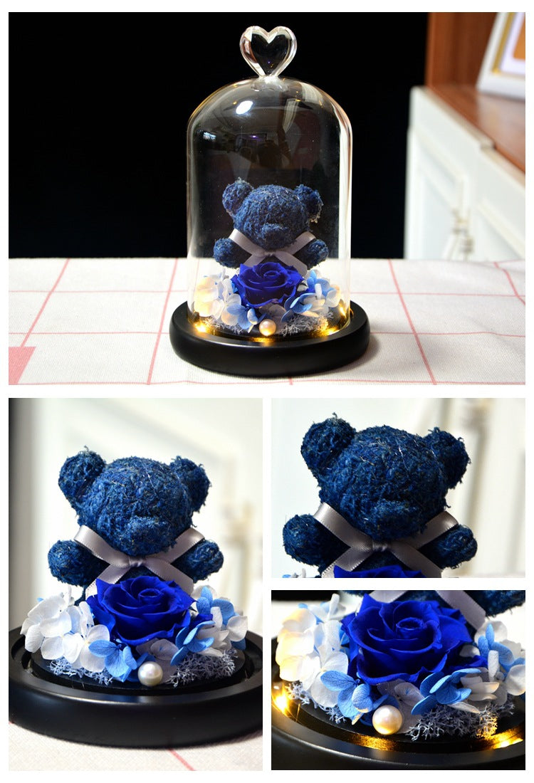 Eternal Preserved Rose Teddy Bear In Heart Glass Dome