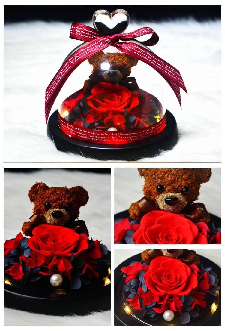 Eternal Preserved Rose Teddy Bear In Heart Glass Dome