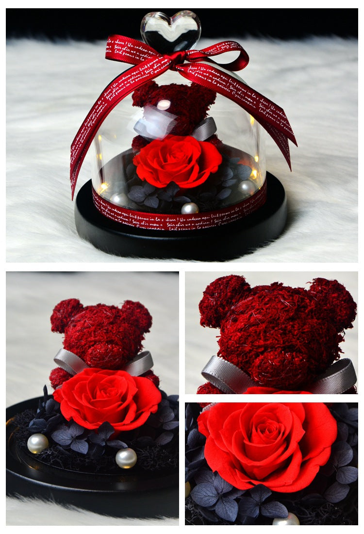 Eternal Preserved Rose Teddy Bear In Heart Glass Dome