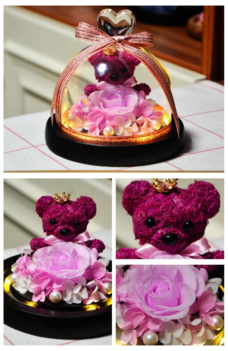 Eternal Preserved Rose Teddy Bear In Heart Glass Dome