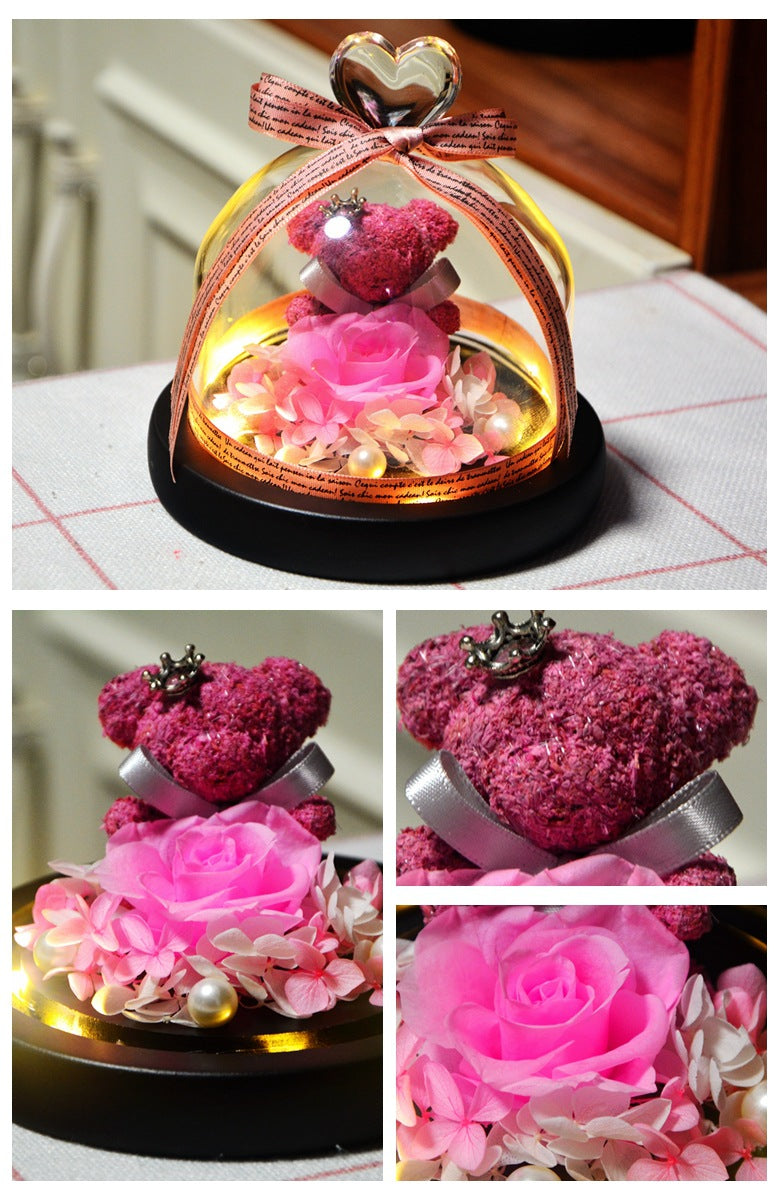 Eternal Preserved Rose Teddy Bear In Heart Glass Dome