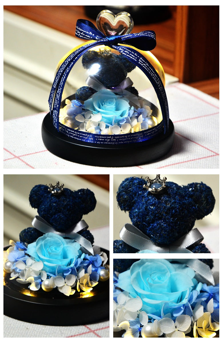 Eternal Preserved Rose Teddy Bear In Heart Glass Dome