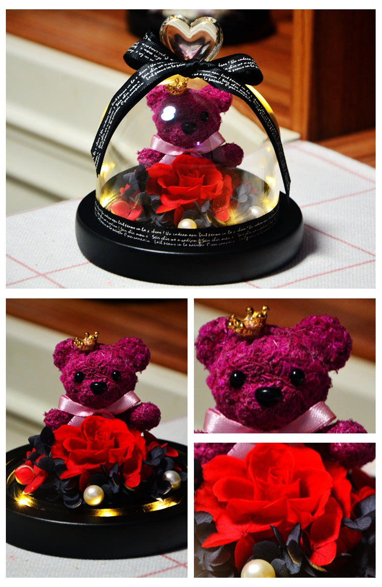 Eternal Preserved Rose Teddy Bear In Heart Glass Dome